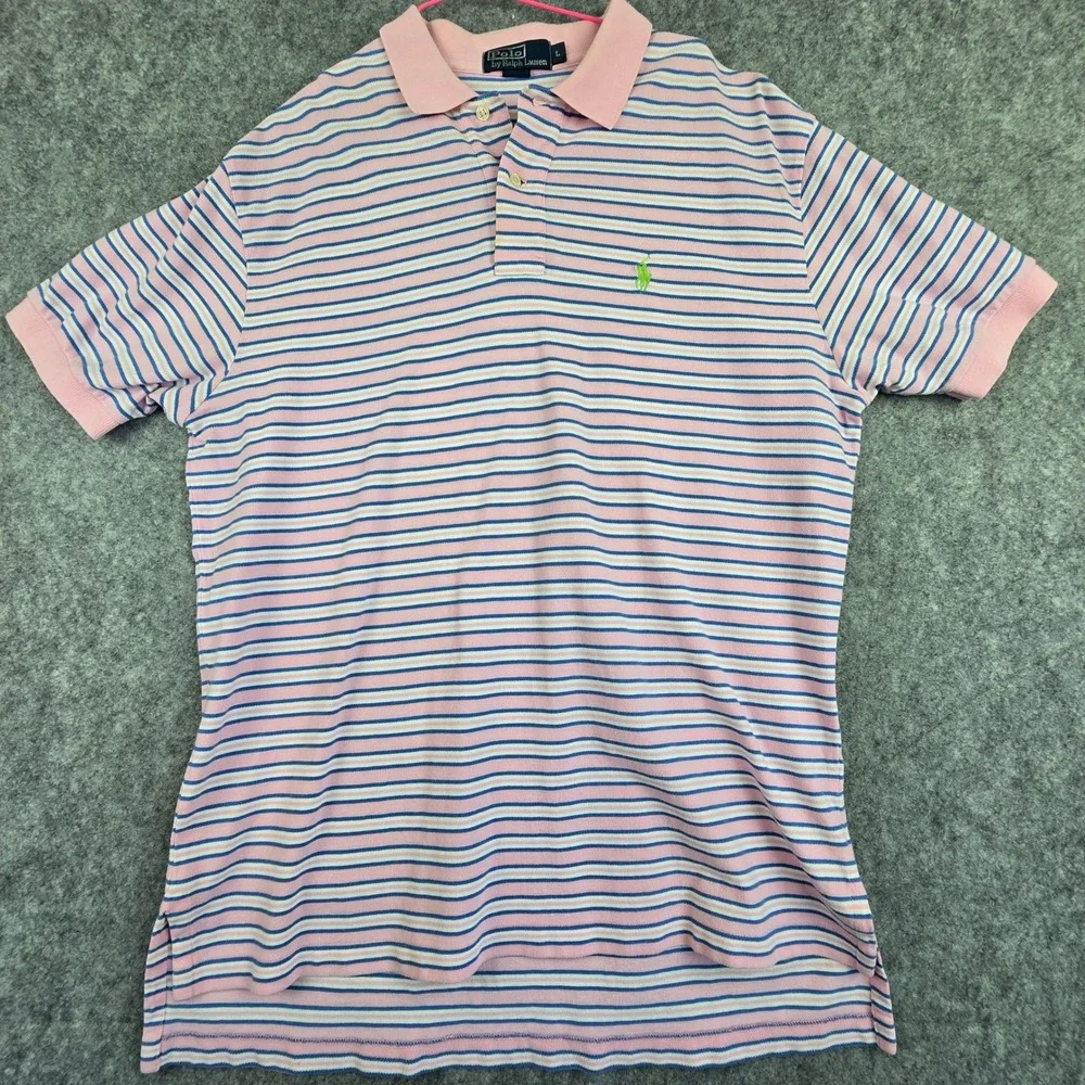 Polo Ralph Lauren Polo Mens L Pink Blue Striped Classic Fit Green Pony Logo